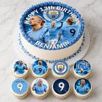 Erling Haaland birthday cake topper with matching edible cupcake toppers featuring blue football-themed design.