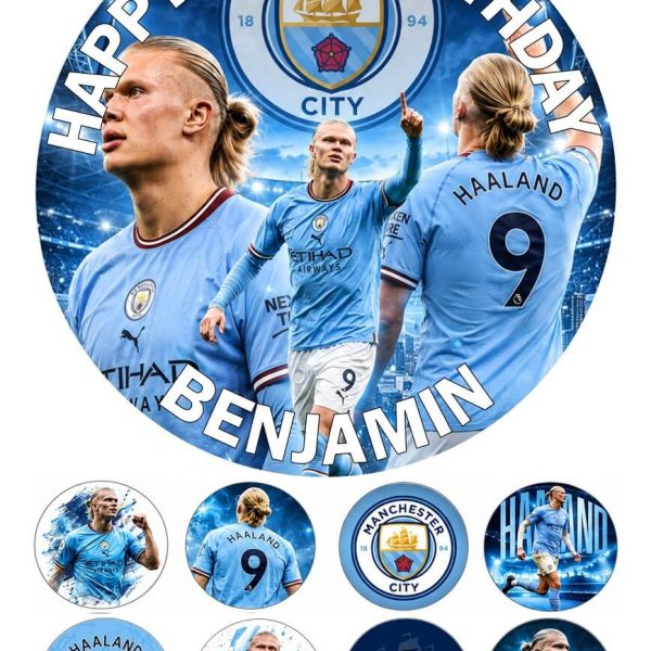 Erling Haaland personalised edible birthday cake topper with matching cupcake toppers for football fans.