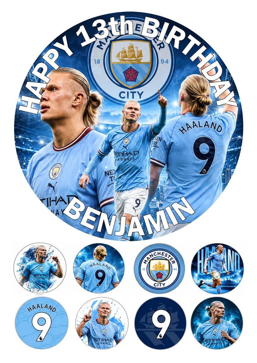 Erling Haaland Erling Haaland personalised edible birthday cake topper with matching cupcake toppers for football fans.