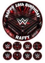 Personalised WWE Ring birthday edible cake topper with 8 matching cupcake toppers featuring a wrestling ring design with custom name and age.