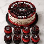 Finished white birthday cake with personalised WWE Ring edible cake topper and eight matching cupcakes displayed on a black cake board.