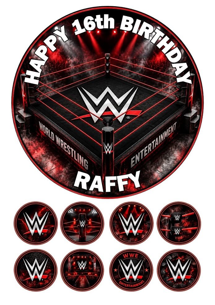 WWE RING DESIGN Personalised WWE Ring birthday edible cake topper with 8 matching cupcake toppers featuring a wrestling ring design with custom name and age.