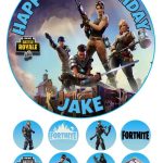 Fortnite cake topper and 8 personalised cupcake toppers