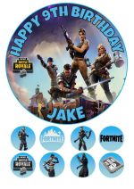 Fortnite cake topper and 8 personalised cupcake toppers