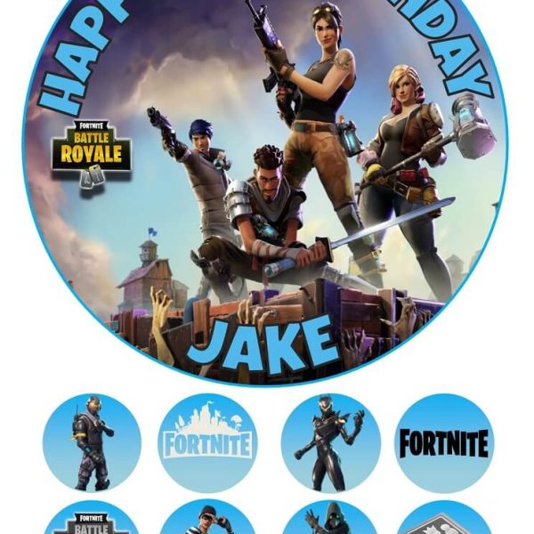 Fortnite cake topper and 8 personalised cupcake toppers