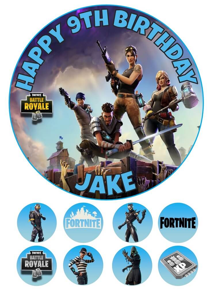 FORTNITE BLUE Fortnite cake topper and 8 personalised cupcake toppers