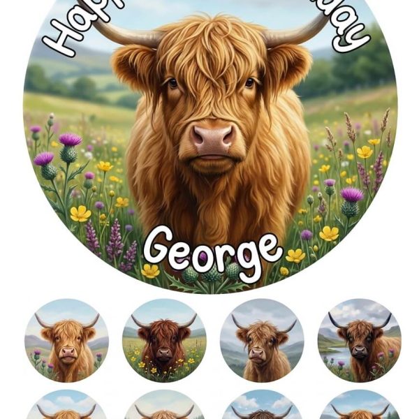 Highland cow cake topper set with edible print