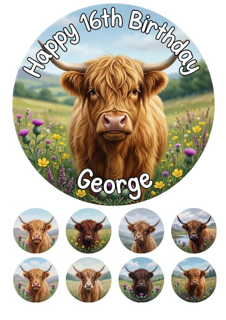 Highland cow cake topper set with edible print